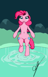 Size: 707x1131 | Tagged: safe, artist:bolchen, pinkie pie, earth pony, pony, belly button, bipedal, cave, cave pool, mirror pool, solo