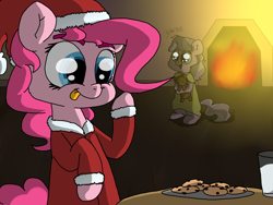 Size: 1600x1200 | Tagged: safe, artist:natalistudios, diamond tiara, pinkie pie, earth pony, pony, bed mane, clothes, cookie, nightgown, santa costume, teddy bear