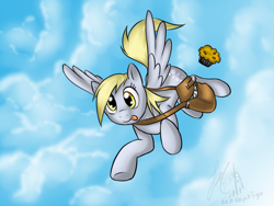 Size: 1024x768 | Tagged: safe, artist:cat-cly, derpy hooves, pegasus, pony, bag, female, flying, mailbag, mare, muffin, solo