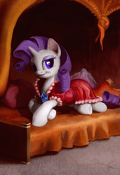 Size: 700x1024 | Tagged: safe, artist:cannibalus, rarity, pony, unicorn, bed, bust, clothes, dress, jewelry, necklace, portrait, prone, solo