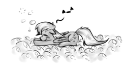 Size: 768x448 | Tagged: safe, artist:drhikari, derpy hooves, pegasus, pony, adventures in happy, bubble, bubble wrap, eyes closed, female, grayscale, happy, mare, monochrome, prone, smiling, solo