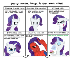Size: 1280x1040 | Tagged: safe, rarity, pony, unicorn, 60s spider-man, :i, angry, blood, blushing, cake, chart, doing hurtful things, eating, eyes closed, floppy ears, frown, glare, gritted teeth, hair over one eye, handkerchief, hoof hold, implying, looking at you, magic, meme, nose wrinkle, nosebleed, spider-man, spiderman thread, telekinesis, vulgar