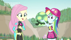 Size: 2208x1242 | Tagged: safe, derpibooru import, screencap, fluttershy, rainbow dash, tank, aww... baby turtles, better together, equestria girls, belly button, clothes, cute, dashabetes, midriff, shorts, squee, wetsuit