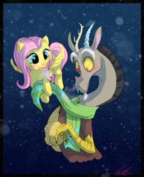 Size: 933x1149 | Tagged: safe, artist:c-puff, discord, fluttershy, draconequus, pegasus, pony, blushing, clothes, cold, cute, digital art, discoshy, discute, female, flying, frown, male, mare, night, night sky, open mouth, scarf, shipping, shyabetes, signature, sky, snow, snowfall, snowflake, stars, straight, winter