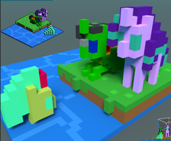 Size: 706x582 | Tagged: safe, artist:derek the metagamer, princess skystar, starlight glimmer, oc, oc:emerald rook, changedling, changeling, seapony (g4), my little pony: the movie, changedling oc, changeling oc, dragoning, isometric, voxel art