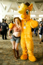 Size: 1935x2903 | Tagged: source needed, safe, applejack, human, belly button, bronycon, clothes, cosplay, daisy dukes, front knot midriff, fursuit, irl, irl human, midriff, photo