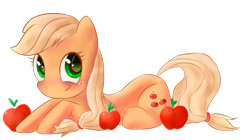 Size: 1024x573 | Tagged: safe, artist:cortella, applejack, earth pony, pony, apple, looking at you, prone, simple background, solo