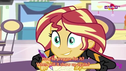 Size: 854x480 | Tagged: safe, screencap, sunset shimmer, equestria girls, mirror magic, spoiler:eqg specials, book, english, nervous, solo, subtitles