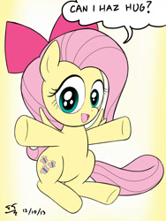 Size: 1800x2400 | Tagged: safe, artist:tomtornados, fluttershy, pegasus, pony, bronybait, colored, cute, hug, hug request, looking at you, open mouth, shyabetes, sitting, smiling, solo