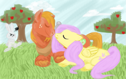 Size: 1295x812 | Tagged: safe, artist:seriocomic, angel bunny, big macintosh, fluttershy, earth pony, pegasus, pony, fluttermac, male, shipping, stallion, straight, unshorn fetlocks