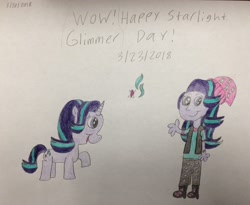 Size: 2940x2416 | Tagged: safe, artist:smurfettyblue, derpibooru exclusive, starlight glimmer, pony, equestria girls, cutie mark, human ponidox, meme, self ponidox, starlight glimmer day, text, traditional art, wow! glimmer