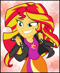 Size: 1749x2110 | Tagged: safe, artist:lunchie, artist:namygaga, sunset shimmer, equestria girls, rainbow rocks, clothes, end credits, female, grin, jacket, leather jacket, pants, shine like rainbows, shirt, smiling, solo