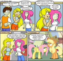 Size: 560x538 | Tagged: safe, applejack, fluttershy, earth pony, pegasus, pony, alternate hairstyle, comic, sailorsun, scrunchy face, webcomic