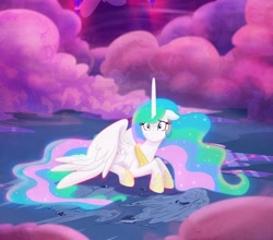 Size: 1806x1592 | Tagged: safe, artist:light262, princess celestia, alicorn, pony, comic:timey wimey, comic, cropped, dust, female, floppy ears, frown, hoof shoes, looking at you, mare, solo, spread wings, wide eyes, wings