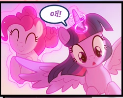 Size: 1248x992 | Tagged: safe, artist:light262, pinkie pie, twilight sparkle, twilight sparkle (alicorn), alicorn, earth pony, pony, comic:timey wimey, comic, cropped, levitation, magic, telekinesis