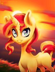 Size: 1451x1900 | Tagged: safe, artist:thegraid, sunset shimmer, pony, cloud, looking at you, ocean, smiling, solo, sunset, water