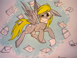 Size: 2288x1712 | Tagged: safe, artist:aki-ahiru, derpy hooves, pegasus, pony, :3, female, floppy ears, flying, letter, mare, mouth hold, solo, traditional art