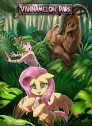 Size: 1822x2500 | Tagged: safe, artist:light262, fluttershy, oc, oc:vanna melon, dinosaur, human, pegasus, pony, chromatic aberration, egg, female, humanized, jurassic park, mare, parasaurolophus