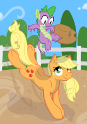 Size: 700x1000 | Tagged: safe, artist:geomancing, applejack, spike, dragon, earth pony, pony, bucking, riding