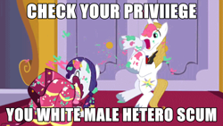 Size: 1000x562 | Tagged: safe, edit, edited screencap, screencap, prince blueblood, rarity, pony, unicorn, the best night ever, cake, clothes, dress, gala dress, image macro, inner thigh cutie mark, meme, messy, misspelling, op is a cuck, open mouth, sexism, social justice, social justice warrior, tumblr, wide eyes