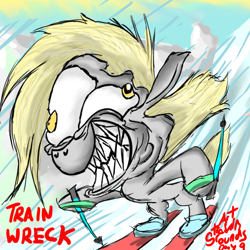 Size: 1000x1000 | Tagged: safe, artist:train wreck, derpy hooves, pegasus, pony, female, mare, newbie artist training grounds, skiing, snow, solo