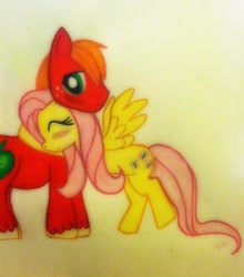 Size: 1124x1280 | Tagged: safe, artist:redfoxfire22, big macintosh, fluttershy, earth pony, pegasus, pony, fluttermac, hug, male, shipping, stallion, straight, traditional art