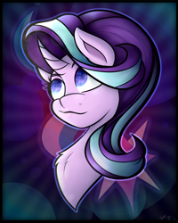 Size: 2400x3000 | Tagged: safe, artist:cosmicchrissy, starlight glimmer, pony, unicorn, :3, bust, chest fluff, curved horn, cute, female, glimmerbetes, horn, mare, portrait, print, smiling, solo