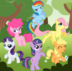 Size: 1000x989 | Tagged: safe, artist:agirl3003, derpibooru import, applejack, fluttershy, pinkie pie, rainbow dash, rarity, twilight sparkle, earth pony, pegasus, pony, unicorn, filly, mane six, younger