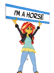 Size: 761x1024 | Tagged: safe, artist:manly man, edit, sunset shimmer, equestria girls, clothes, exploitable meme, female, homesick shimmer, jacket, leather jacket, meme, pants, protest, sign, signature, simple background, solo, sunset's board, truth, white background
