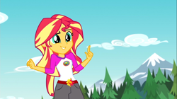 Size: 1100x618 | Tagged: safe, screencap, sunset shimmer, equestria girls, legend of everfree, camp everfree outfits, clothes, cloud, embrace the magic, female, mountain, shorts, sky, solo