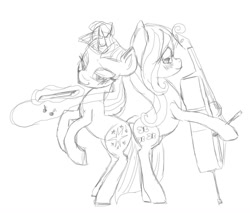 Size: 1025x872 | Tagged: dead source, safe, artist:buttercupsaiyan, derpibooru import, fluttershy, twilight sparkle, pegasus, pony, female, lesbian, magic, monochrome, musical instrument, shipping, twishy