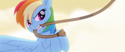Size: 1920x804 | Tagged: safe, derpibooru import, screencap, rainbow dash, pegasus, pony, my little pony: the movie, angry, biting, mouth hold, rope, solo