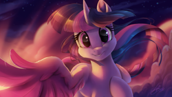 Size: 2500x1406 | Tagged: safe, artist:light262, edit, twilight sparkle, twilight sparkle (alicorn), alicorn, pony, cloud, female, fixed, looking at you, mare, muzzle, reaching out, sky, smiling, smiling at you, solo, stars, twilight (astronomy), wing hands