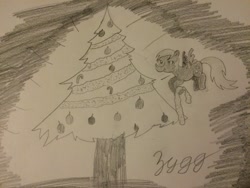 Size: 1632x1224 | Tagged: safe, artist:zygg, derpy hooves, pegasus, pony, christmas tree, female, mare, monochrome, solo, traditional art, tree