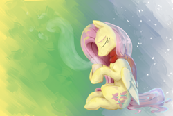 Size: 3000x2000 | Tagged: safe, artist:geomancing, fluttershy, pegasus, pony, clothes, cup, scarf, snow, snowfall, solo