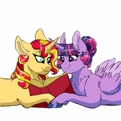 Size: 3000x3000 | Tagged: safe, artist:scarletskitty12, sunset shimmer, twilight sparkle, twilight sparkle (alicorn), alicorn, pony, unicorn, book, female, hair bun, lesbian, mare, prone, reading, shipping, simple background, smiling, sunsetsparkle, white background