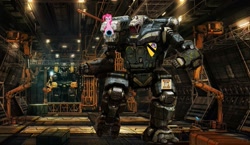 Size: 1023x593 | Tagged: safe, derpibooru import, pinkie pie, twilight sparkle, earth pony, pony, battletech, factory, hunchback (battletech), mech, mechwarrior, workshop