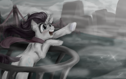 Size: 1500x950 | Tagged: safe, artist:fmayang, rarity, pony, unicorn, boat, clothes, grayscale, manehattan, monochrome, scarf, solo