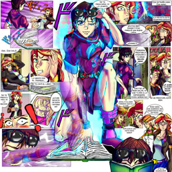 Size: 2000x2000 | Tagged: safe, artist:brother-lionheart, applejack, sunset shimmer, comic:twisted sunset, equestria girls, achtung baby, armpits, comic, crossover, jojo's bizarre adventure, shizuka joestar, spanish, stand, translation