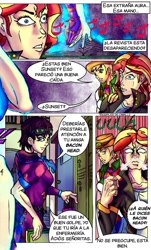 Size: 714x1184 | Tagged: safe, artist:brother-lionheart, applejack, sunset shimmer, comic:twisted sunset, equestria girls, achtung baby, armpits, comic, crossover, jojo's bizarre adventure, older, question mark, shizuka joestar, spanish, stand, translation, ¿, ¿?