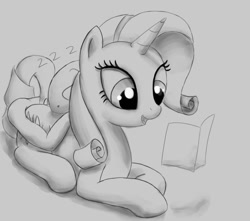 Size: 978x866 | Tagged: safe, artist:augustbebel, rarity, oc, oc:anon, human, pony, unicorn, butt pillow, butthug, cute, dock, female, grayscale, hug, levitation, magic, mare, monochrome, open mouth, plot, raised tail, raribetes, reading, sleeping, tail, telekinesis, zzz