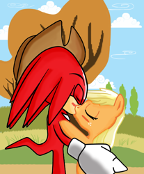 Size: 500x603 | Tagged: safe, artist:kaiamurosesei, applejack, earth pony, pony, appleknux, background pony strikes again, crossover, crossover shipping, female, interspecies, kissing, knuckles the echidna, male, shipping, sonic the hedgehog (series), straight