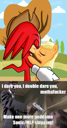 Size: 500x952 | Tagged: safe, applejack, earth pony, pony, anti-shipping, appleknux, crossover, crossover shipping, female, hate, interspecies, jules winfield, knuckles the echidna, love, male, meta, pulp fiction, samuel l jackson, shipping, sonic drama, sonic the hedgehog (series), straight, vulgar