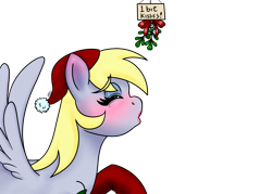 Size: 5600x4000 | Tagged: safe, artist:outofworkderpy, derpy hooves, pegasus, pony, blushing, clothes, cute, derpabetes, eyes closed, eyeshadow, female, hat, hearth's warming eve, holly, holly mistaken for mistletoe, kissing, kissing meme, lipstick, mare, mistletoe, open mouth, out of work derpy, outofworkderpy, raised hoof, santa hat, sign, simple background, socks, solo, spread wings, stockings, transparent background