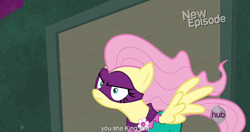 Size: 1152x608 | Tagged: safe, screencap, fluttershy, saddle rager, pegasus, pony, power ponies (episode), meme, power ponies, solo, youtube caption