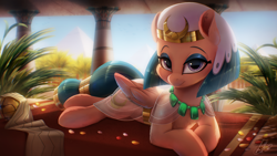 Size: 2500x1406 | Tagged: safe, artist:light262, somnambula, pegasus, pony, daring done?, adorasexy, apple of eden, assassin's creed, beautiful, bedroom eyes, chest fluff, clothes, crossover, cute, ear fluff, egyptian, eyeshadow, female, jewelry, looking at you, lying down, makeup, mare, necklace, pretty, prone, smiling, smiling at you, solo, somnambetes, wings