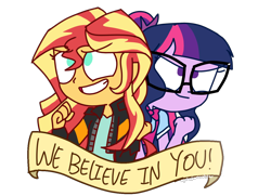 Size: 1378x999 | Tagged: safe, artist:psychodiamondstar, sci-twi, sunset shimmer, twilight sparkle, equestria girls, clothes, duo, glasses, jacket, motivational, shirt, simple background, smiling, transparent background