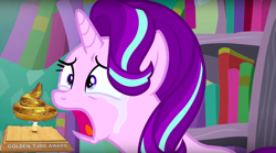 Size: 800x446 | Tagged: safe, edit, edited screencap, screencap, starlight glimmer, pony, unicorn, abuse, award, crying, downvote bait, drama, dude not funny, fetish, glimmerbuse, op is a cuck, op is trying to start shit, op isn't even trying anymore, poop, sad, sadlight glimmer, scat, starlight drama, starlight glimmer day, turd, worst pony