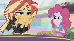 Size: 1136x638 | Tagged: safe, screencap, pinkie pie, sunset shimmer, equestria girls, mirror magic, spoiler:eqg specials, burger, canterlot mall, eating, food, geode of empathy, hamburger, magical geodes, oat burger, oats, serving tray, smiling, teletoon, that human sure does love burgers, worried