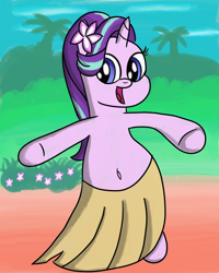 Size: 2400x3000 | Tagged: safe, artist:saburodaimando, starlight glimmer, pony, unicorn, belly button, bipedal, clothes, cute, dancing, flower, flower in hair, glimmerbetes, grass skirt, hula, hula dance, skirt, solo, starlight glimmer day